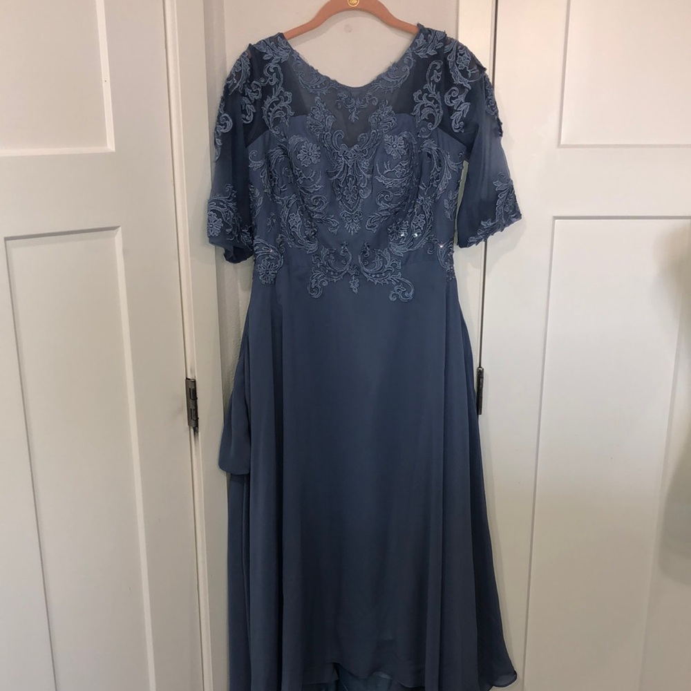 Elegant Blue Lace Evening Dress By Miss Veil. Hi low hem Wedding bridesmaid